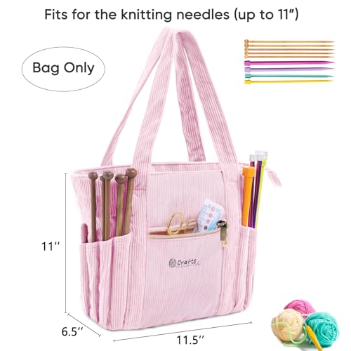 Image of MYBAGZING Corduroy Crochet Bag 11.5 inch Large Yarn Storage Tote with Grommets, Needle Holders - Knitting Bag Organizer for Crochet Hooks, Accessories, Tools & Projects -Gift for Knitters & Crafters