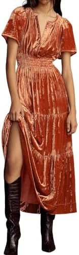 R.Vivimos Women's Fall Winter Vintage Velvet Dress Short Sleeve V...