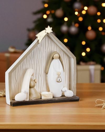 CULT at home kleine Krippe Stall – Weihnachtskrippen Set Haus 5 Figuren - Heilige Familie Krippenensemble – Deko Weihnachten Geschenk Nikolaus Advent 16,5 x 18,5 cm