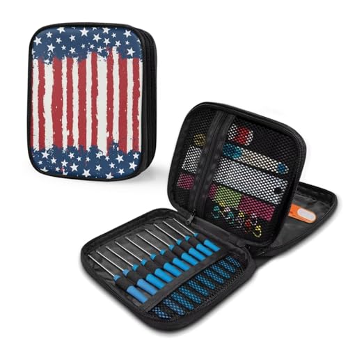 Image of Vanideaoty USA Flag Crochet Hook Case Lightweight Knitting Needle Case with Web Pockets Swing Crochet Hooks Accessories Independence Day Home Gifts
