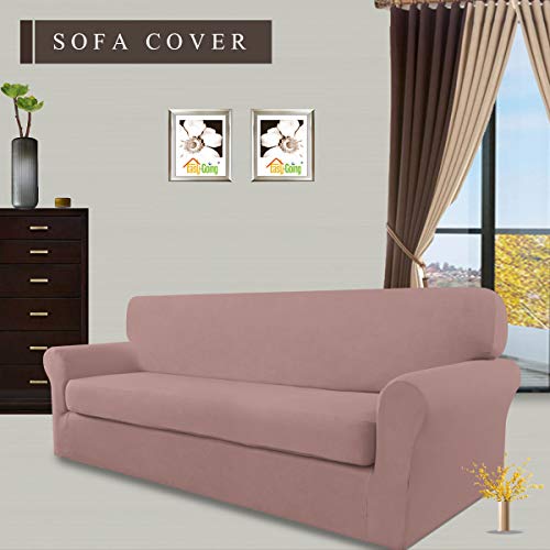 Image of Easy-Going 2 Pieces Stretch Oversized Couch Sofa Slipcover Washable | Spandex Soft Fitted Sofa Couch Cover for Sofa Furniture Protector with Bottom Kids,Pet Dog Pink