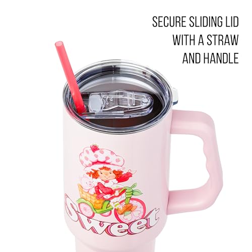 Image of Silver Buffalo Strawberry Shortcake and Custard inchSweet inch Double Walled Stainless Steel Tumbler with Handle, Fits in Standard Cup Holder, 40 Ounces