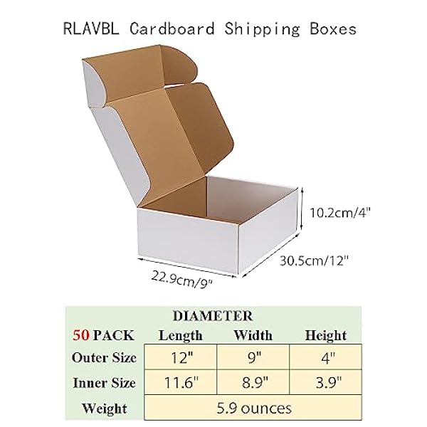 RLAVBL 30.5x22.9x10.2cm(12x9x4in） Cajas de Carton con Tapa para Envios de Paquete, 50 Pack, Cajitas de Papel Kraft para Regalo o Embalaje, Blanco.