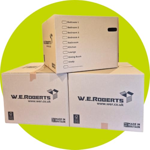 W.E. Roberts Strong Extra Large Cardboard moving Boxes. Packing boxes for moving house with Printed Room List and Carry Handles 52cm x 52cm x 40cm cardboard Boxes (20)