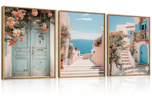 Image of KAIRNE Italy Amalfi Coast Cityscape Framed Canvas Wall Art Set,Neutral Italian Mediterranean Wall Decor,Greece Island Landscape Wall Painting,Florida Beach Artwork for Living Room,Bedroom-12 x16 x3