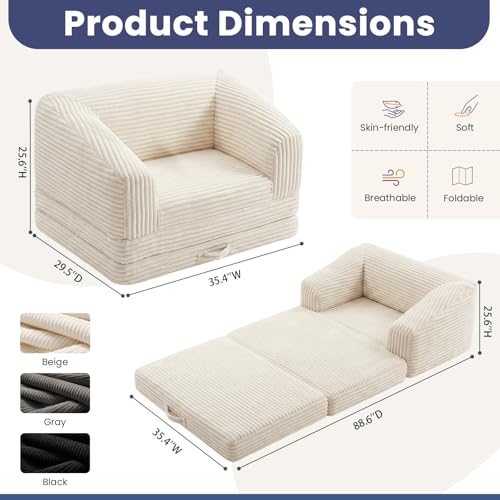 Image of Convertible Sofa Bed, 3-in-1 Foldable Loveseat Couch with Armrest, Corduroy Floor Sofa & Sleeper Bed, No Assembly High-Density Foam Futon Mattress for Living Room, Small Apartment, Dorm