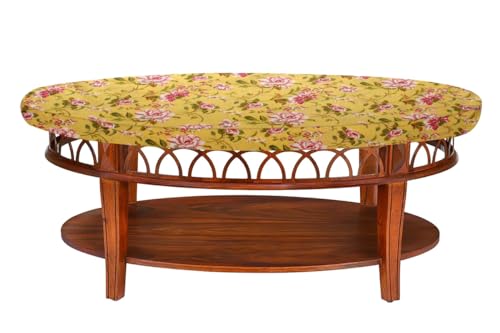 Image of The Furnishing Tree Elastic Cotton Oval Center Table Cover 16x36 in Inches Floral Pink Rose on Yellow Base