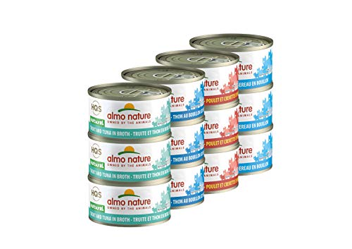 almo nature HQS Natural Variety Pack Grain Free, Additive Free Recipes - Atlantic Style Tuna(6); Mackerel (6); Chicken & Shrimps(6); Trout & Tuna (6) Adult Cat Canned Wet Food, Shredded