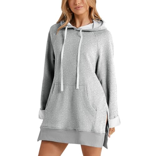 Ordaba The Warmy Oversized Hoodie Dress, First Ones Oversized Hoodies, Women's Casual Pullover Long Sleeve Split Hem (US, Alpha, Large, Regular, Regular, Silver)