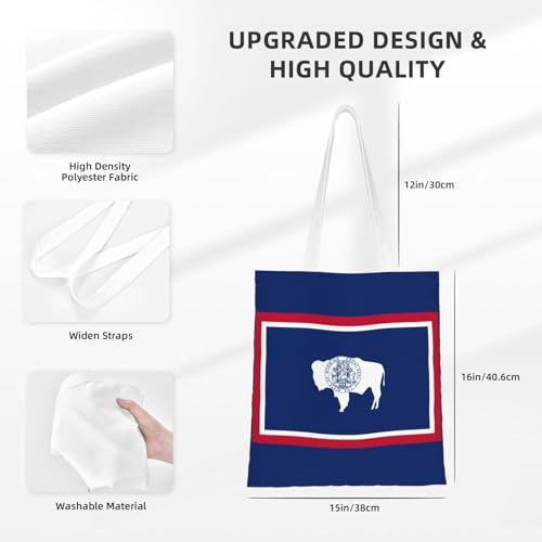Wyoming State Flag Print Polyester Canvas Tote Bag, Shopping Bag With Reinforced Handles, Reusable4