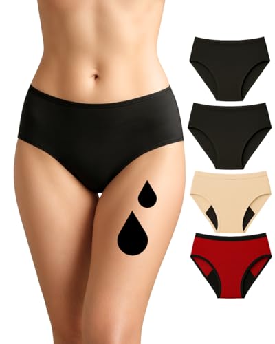 NoBlood Kit de Inicio - Paquete de 4 (2 x Negro, 1 x Rojo, 1 x Nude) - Bragas Menstruales Flujo Abundante | Braguitas Menstruales Mujer Niñas (Paquete de 4,XXS)