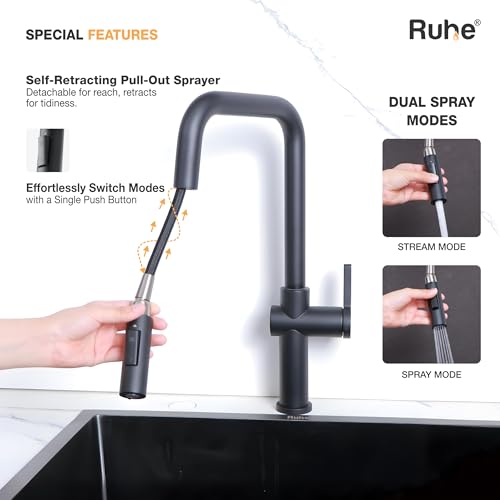 Image of Ruhe Opulo Dual Flow Pull-Out Kitchen Mixer Faucet - Matte Black | 360 Swivel | Hot & Cold Water Faucet | Single Lever Tap | Table Mounted Kitchen Sink Tap