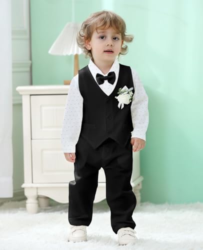 HOZIY Baby Boy Suits Infant Gentleman Outfit Collared Shirt+Vest+Tie+Corsage+Pants 5Pcs Baptism Wedding Sets for 0-24 Months2