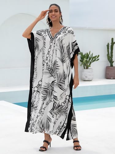 Image of KECVOT Kaftan Dresses for Women V-Neck Print Swimsuit Cover Up Plus Size Beach Caftan Lounge Dress