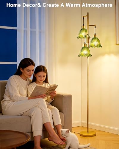 Image of Lightdot Glass Floor Lamps for Living Room, 3-Light Dimmable Floor Lamp with Green Glass Shade& E12 Bulbs Included, Mid Century Standing Tall Lamp with 5Lbs Heavy Base for Bedroom /Sofa Beside-Gold