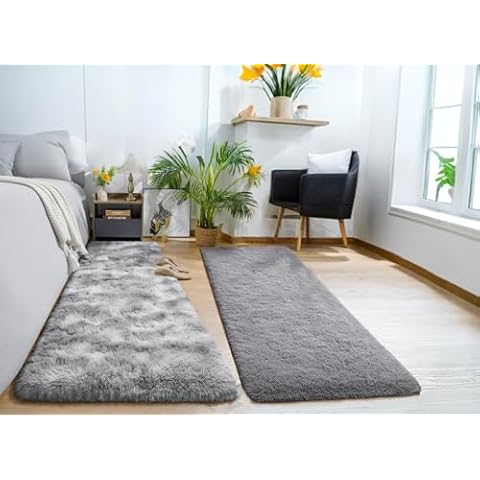 AROGAN 2x6 Feet Soft Runner Rugs for Bedroom Plush Fluffy Rug, Shag Furry Area Rug Carpet Non Shedding for Nursery Children Kids Girls Room, Grey, Grey and White Cover
