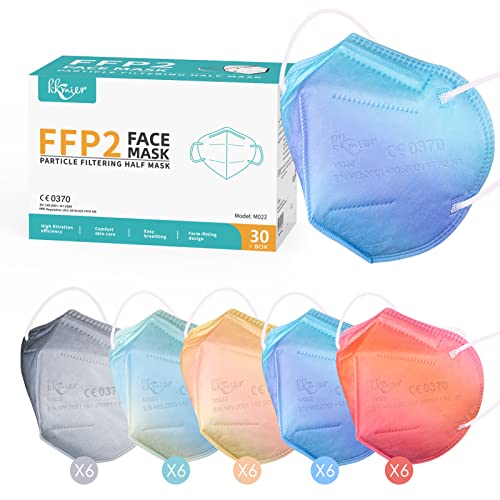 KKmier Masque FFP2 Couleur, 30 Pièces Masque FFP2 Jetable Certifié CE, Extenseur pour Masque Fourni, Masque de Protection de 5 Epaisseurs de Filtration, Filtration des particules (EFP) >= 95%