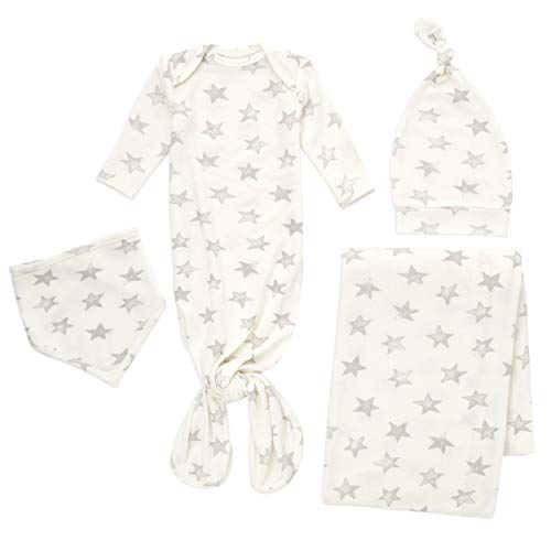 Image of aden + anais Snuggle Knit Newborn Gift Set with Knotted Baby Gown, Swaddle Blanket, Infant Hat, and Bandana Bib, 0-3 Months, Star