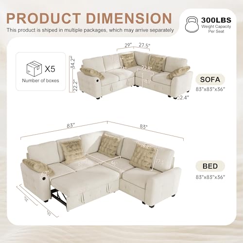 Image of Hanherry Sectional Couch with Pull Out Sofa Bed,Chenille Sleeper Sofa with 2 Seat Storage & USB Charging,Comfy L Shaped Modular Couches for Living Room,Apartment