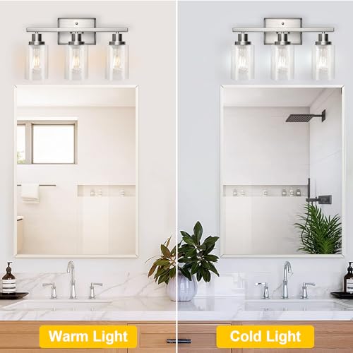 Image of Ascher Bathroom Vanity Light Fixtures, 3 Light Wall Sconces Lighting with Clear Glass Shade, Brushed Nickel Wall Lights for Mirror, Kitchen, Living Room, Gallery, E26 Base (Bulbs Not Included)