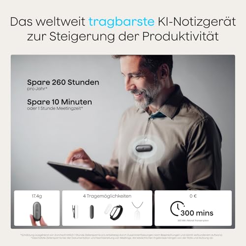 Plaud NotePin S Diktiergerät mit taktiler Aufnahmetaste KI Voice Recorder KI-Notizgerät KI-Schreibfunktion & Zusammenfassung Aufnahmegerät Audiorekorder für Meetings 4 Zubehörteile (Grau)