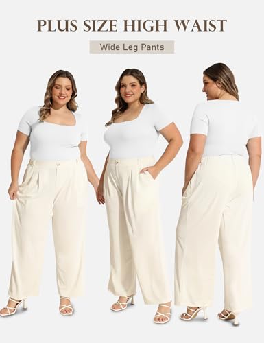COOTRY Plus Size Wide Leg Dress Pants Women High Waisted Work Pants Business Casual Pants Trousers with Pockets Beige 3XL4