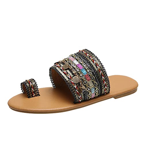 Damen Sandalen Frauen Flache Pailletten Beiläufig Sandalen Sommer Offene Schuhe Slippers Schlappen Flache Strandsandalen Rom Flip Flops Sommerschuhe Sandals Freizeit Vintage Zehe Ring Hausschuhe Cover