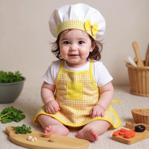 Image of A.T.U.N. (ALL THINGS UBER NICE) Soft Cotton-Rich Baby Chef Dress-Up Set | Cute Kitchen Dress-Up Outfit with Apron & Cap for Baby Boys and Girls | Ideal for Birthday & Photoshoot (0-2 Years)