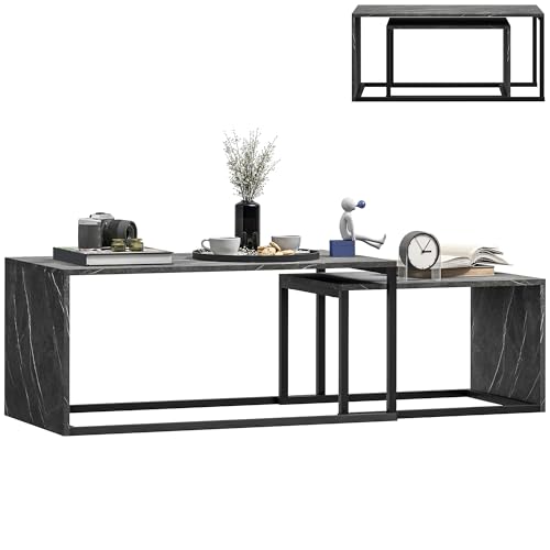 HOMCOM Lot de 2 Tables Basses gigognes Design Industriel encastrable dim. Grande Table 90L x 48l x 42H cm métal Noir Effet marbre Gris foncé