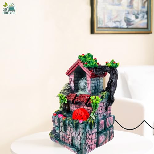 Image of Go Hooked Polyresin Waterfall Fountain with LED Lights & Adjustable Speed Control for Living Room, Bedroom & Office 25.5 Cm | Stress Relief & Positive Energy Decor | Tabletop Water Fountain (GHF313)