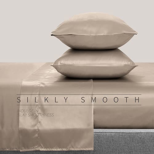 Cobedzy 4 Piece Luxury Queen Sheet Set, Soft Silky Bed Sheets Queen Set, Taupe Satin Sheet Set With 1 Deep Pocket Fitted Sheet 1 Flat Sheet 2 Satin Pillowcases #TOP2