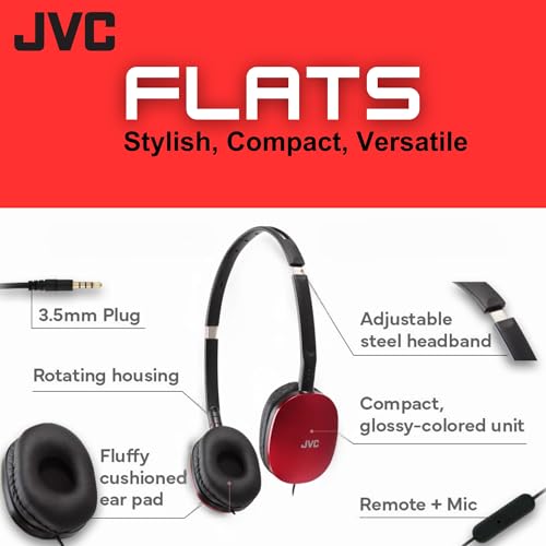 Image of JVC Flats Foldable Colorful Flats On Ear Headphones with Remote and Microphone, 3.94 Foot Gold Plated 3.5mm Slim Plug - HAS160MA, Adjustable - Red