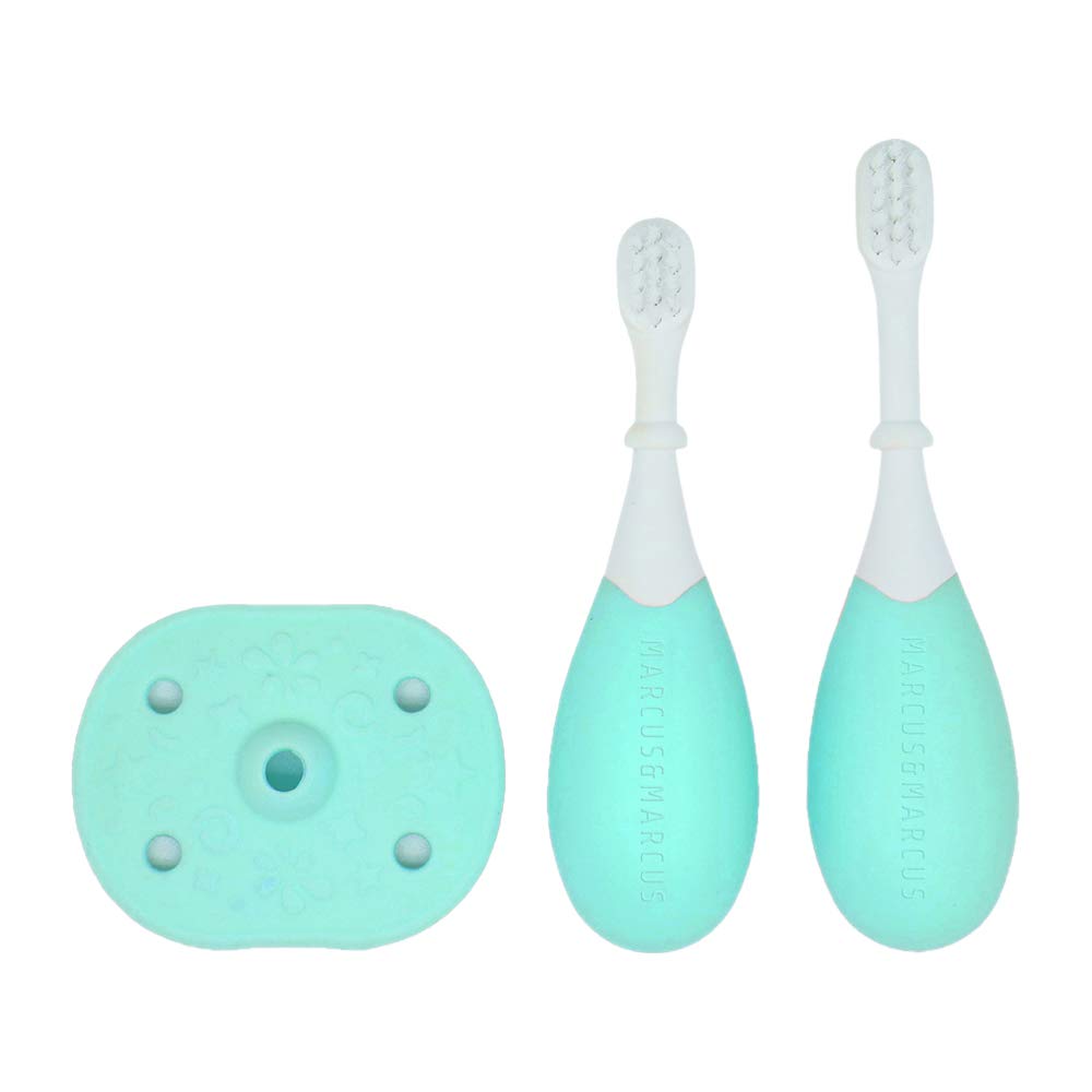 Marcus & Marcus 3 pc Palm Grasp Toddler Training Toothbrush | With Free Travel Case | BPA Free | Removable Protection Sheild | Soft Nylon Bristles (Blue)