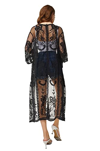 marysgift Women's Swim Cover-Ups & Sarongs Sheer Cardigans Summer Lace 3/4 Sleeve Open Front Beach Kimono Jackets Crochet Beach Dress L-Black steampunk buy now online