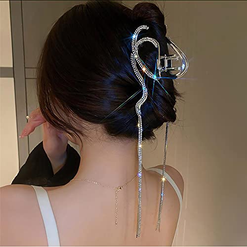 French Hair Clip Rhinestone Claw Clips Thick Hair Large Silver French Hair Barrette For Women Elegant Dangle Metal Hair Accessory Hair Crab For Lady Hair Clamps Pretty Diamond Hair Ornaments 1Pcs #TOP1