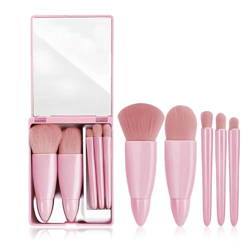 Image of Gleva Travel Size Mini Makeup Brushes Set with Mirror, Small Complete Function Cosmetic 5 Pcs Brushes Kit Case Apply to Face Foundation, Powder Concealers Eyebrow Eyeshadow Blush and Lip Gloss