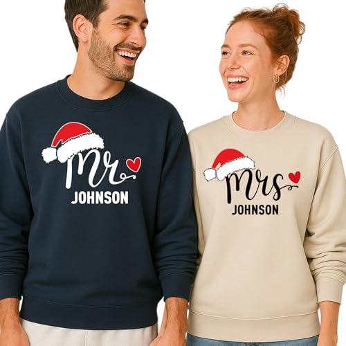 MONIART Personalized Couple Christmas Sweatshirts and Hoodies, Custom Mr and Mrs Matching Holiday Outfits, Festive Couples Christmas Apparel
