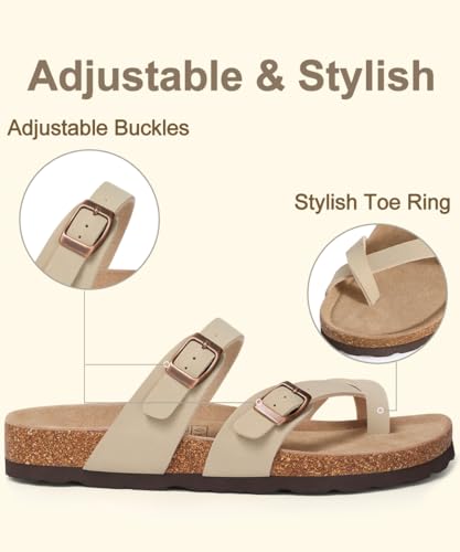 Image of KIDMI Women's Cork Footbed Sandals with Toe Loop, Comfortable Summer Slip-On Slides with Adjustable Buckle