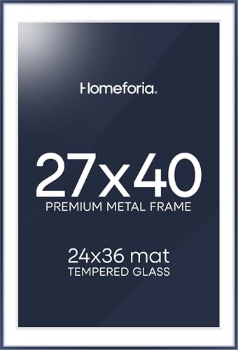 Image of Homeforia 27x40 Poster Frame Navy Blue, High End Metal 27x40 Large Picture Frames with Mat 24x36 inch Photo, 27 x 40 Thin Frame Matted to 24 x 36 Print, 40x27 Frame, Tempered Glass, Wall Kit, Set of 1