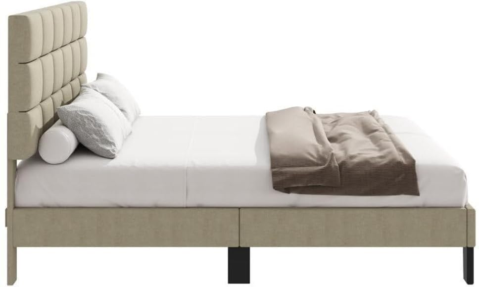 Image of Wooden Modern Upholstered King Size Bed for Bedroom | Wooden Double Bed Without Storage | Platform Cot Upholstered Bed with Upholstery Fabric | Engineered Wood | 6.5 x 6 Ft | Ivory