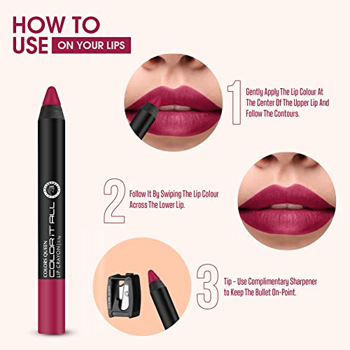 Image of Colors Queen Color It All Long Lasting Crayon Lipstick For Women | Pack of 3 & Get 1 Free | Up to 18 Hours Stay | Matte Finish | Water, Smudge Proof (Dynamite Berry, Rouge, Pink Up & Blood Red,3.5g)