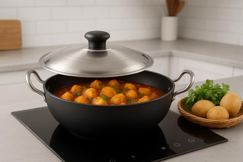 Image of Hard Anodized Deep Kadhai with Stainless Steel Lid Cookware for Kitchen Deep Cooking Surface for Frying Curry Saute and Gravy Preparation Applications Use - 11 inch