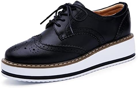 DADAWEN Women's Platform Lace-Up Wingtips Square Toe Oxfords Shoe Black Leather US Size 7.5/Asia Size 39/24.5cm