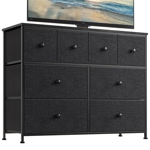 REAHOME Dresser TV Stand for Bedroom with 8 Fabric Drawers, Black Long Dresser Chest of Drawers Large Capacity Steel Frame Wooden Top Living Room Entryway Office (Black Gray) YLZ8B5