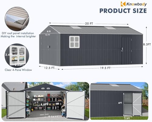 Image of K Knowbody 13x20x8.3' Metal Garage Shed with Base Floor Kit | Ultra-Reinforced Powder-Coated 18-Gauge Steel Frame, 100 PSF Snow & 150 MPH Wind Rated, Skylight Dual-Entry Carport Workshop