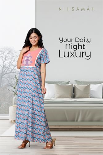 Image of NIHSAMAH Cotton Nighty for Women - Printed Stylish Night Gown, Comfortable Sleepwear Long Nightwear, Maxi