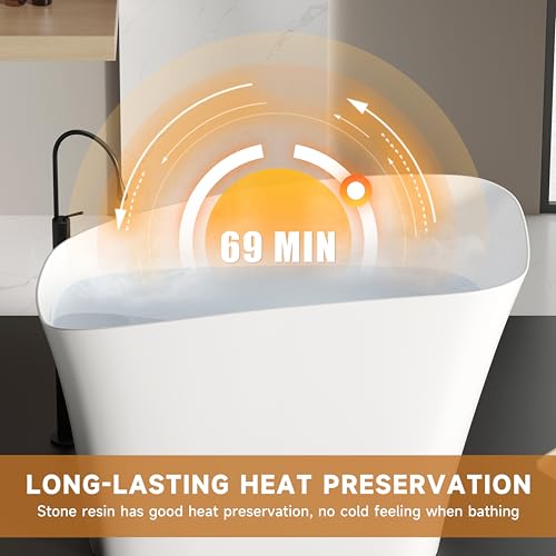 Image of 51 '' Stone Resin Janpanese Soaking Tub, Freestanding Deep Soaking Bathtub with Seat Desgin,Toe-tap Chrome Right Drain, Slotted Overflow Matte White