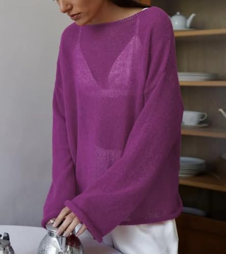 Image of Sweters for Women, Womens Sweater, O-Neck Solid Color See Through Pullover Jumper Shirt Beach