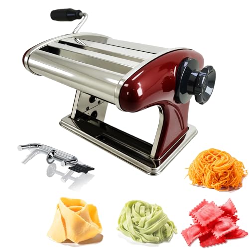 SHILINTONG Machine à Pâtes Manuelle en Acier Inoxydable - 6 Épaisseurs Réglables, Double Couteaux (2mm/4mm) pour Spaghetti/Fettuccine - Rouge, Compacte...