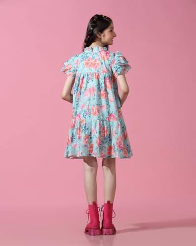 Image of Cherry & Jerry Blue Floral Print Schiffli Dress